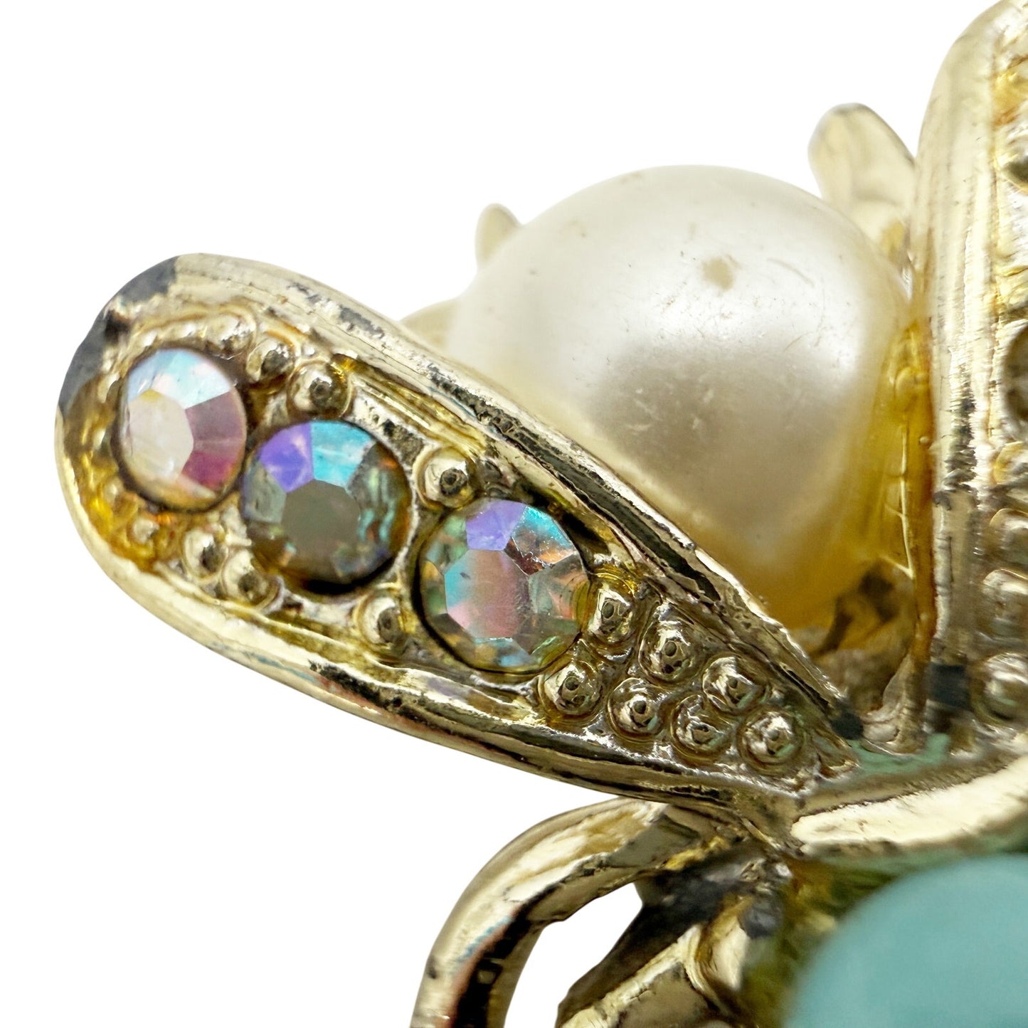 vintage aqua cabochon rhinestones gold Fly Bug BROOCH insect costume jewelry pin