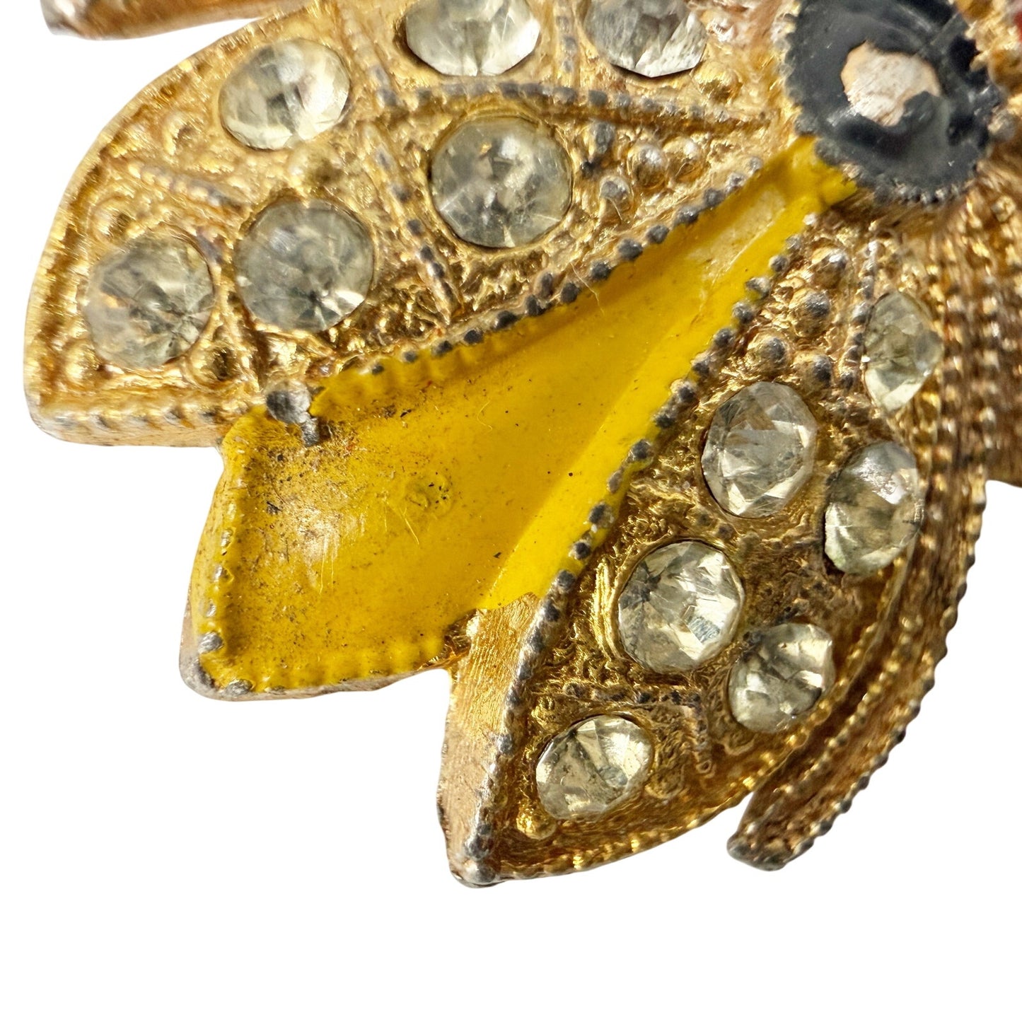 vintage gold yellow black enamel Flying Insect Brooch jewelry pin rhinestones
