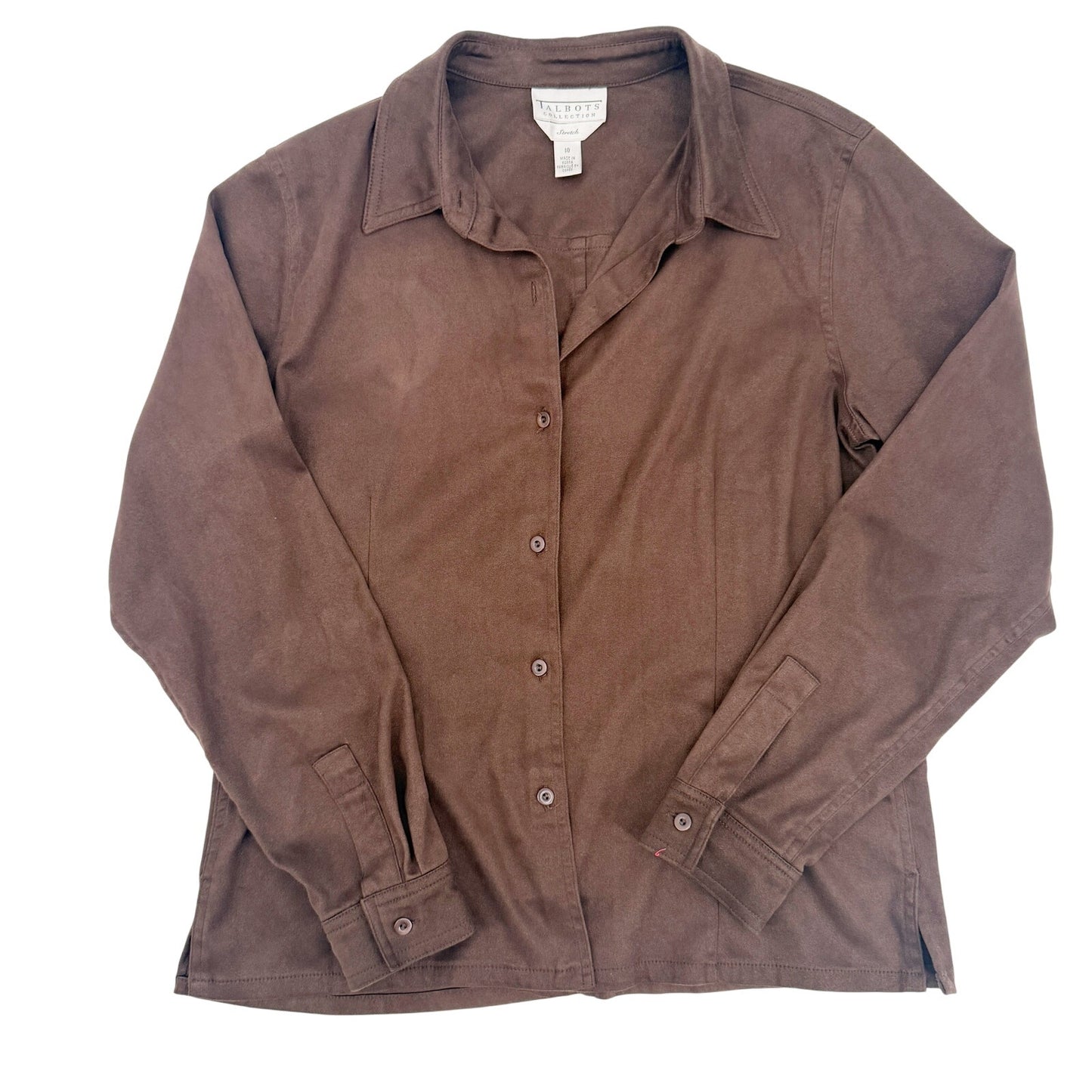 Talbots Collection brown stretch Button Up Top women's 10 large shirt faux suede