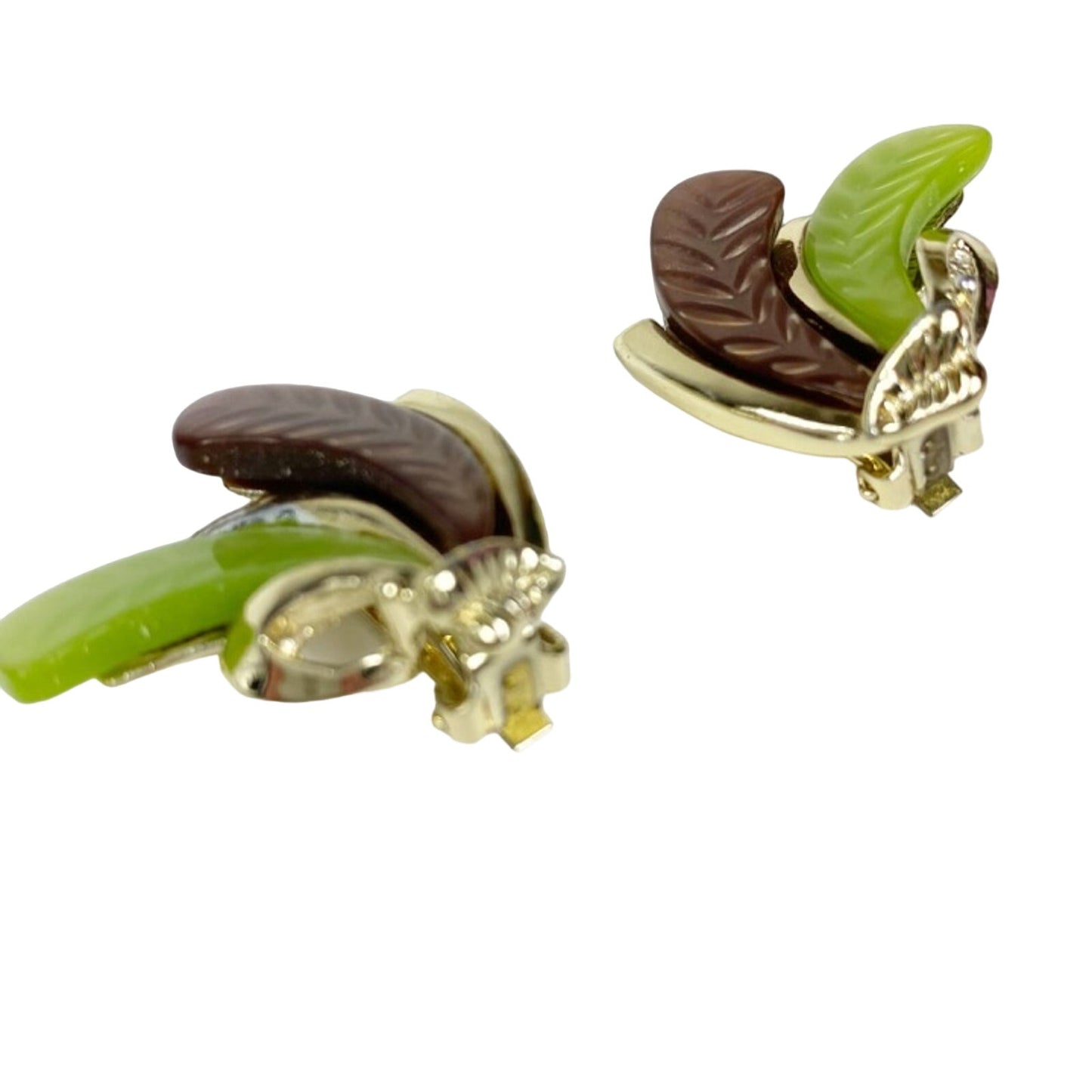 vintage green brown & gold leaf clip-on EARRINGS costume jewelry