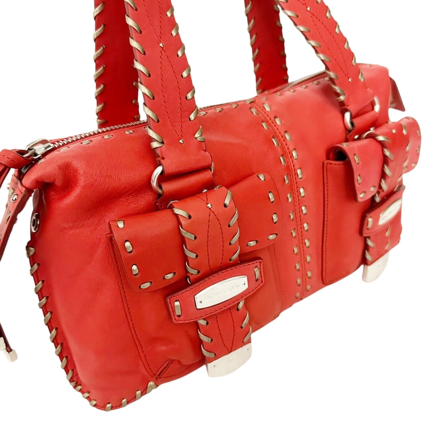 Michael Kors burnt sienna leather bronze whipstitch HANDBAG bag top handle purse