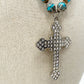 vintage blue beads clear rhinestones Cross Pendant Necklace handmade jewelry