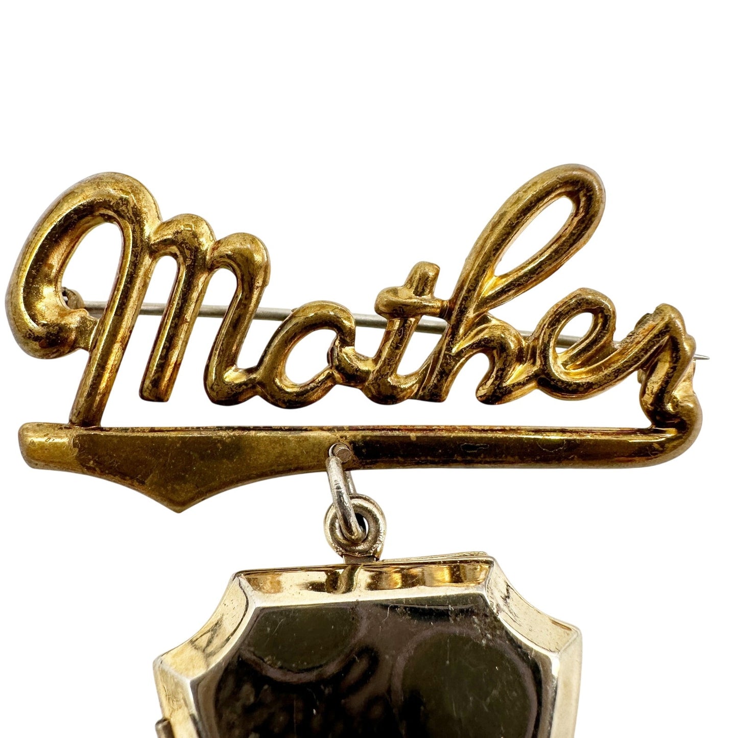 vintage gold tone metal MOTHER picture photo locket BROOCH mom jewelry pin