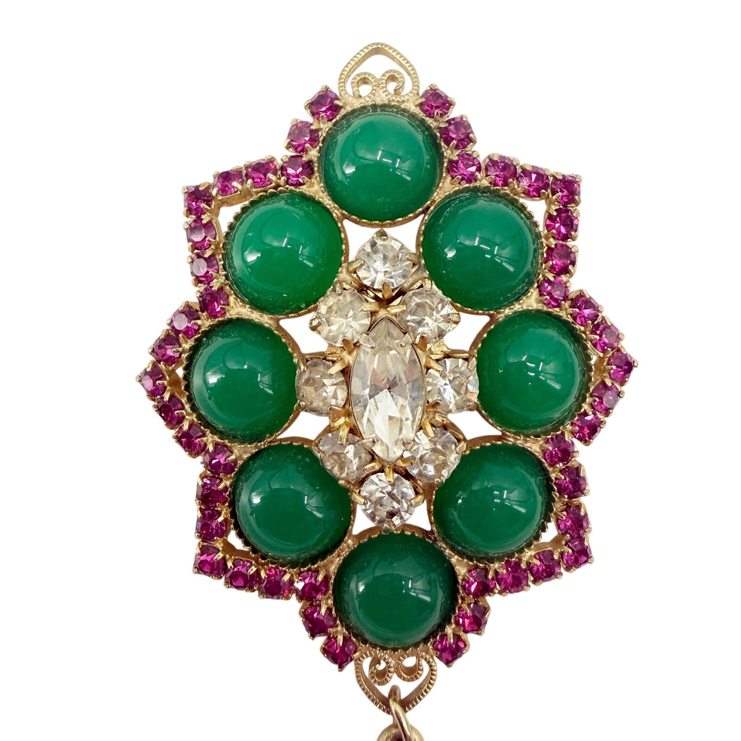 vintage Juliana D&E green purple gold BROOCH tassel dangle chain jewelry pin