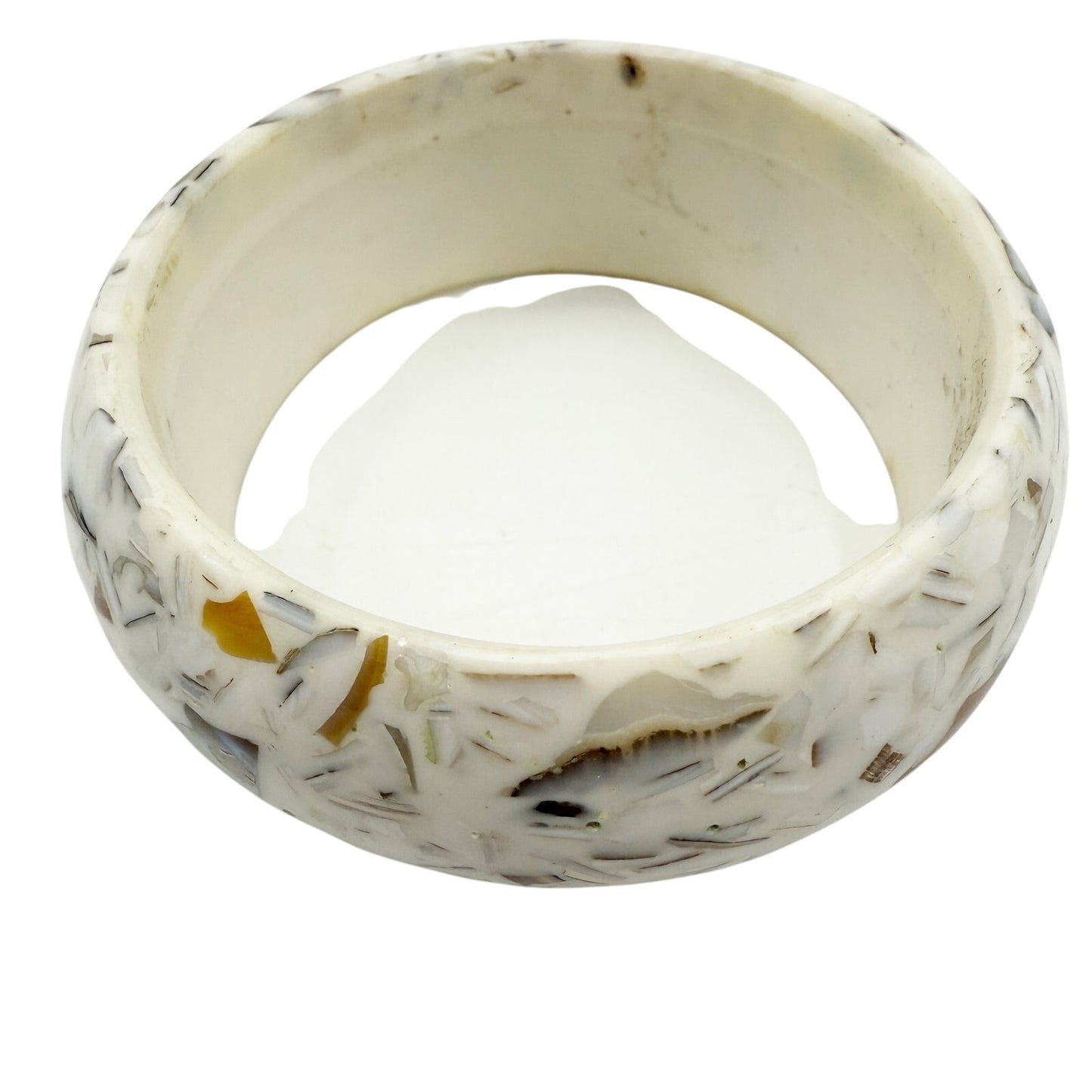 seashell inlay Bangle Bracelet white costume jewelry bits of shell brown gray