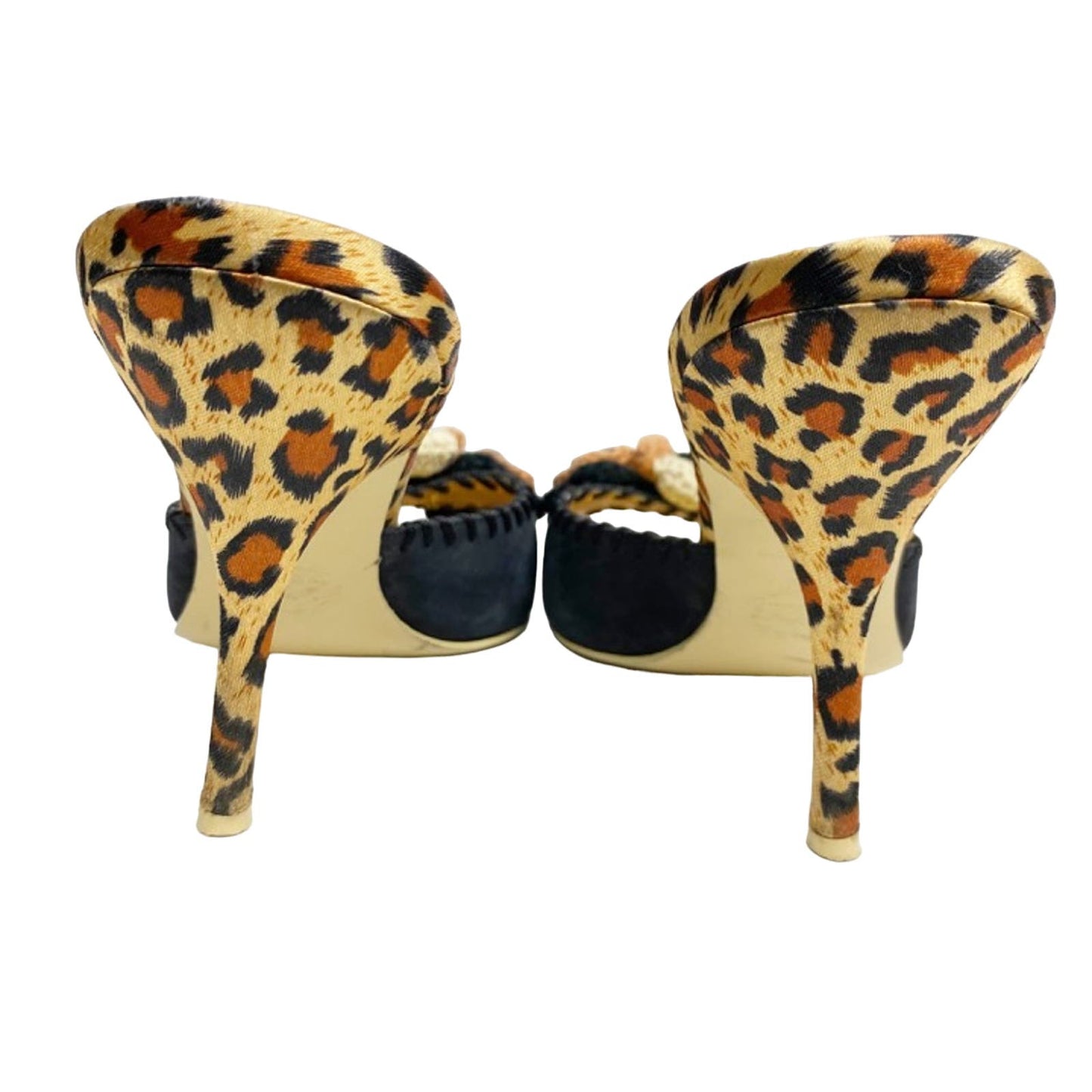 Hale Bob floral & leopard HEELS black brown crochet knit flowers size 7 M shoes