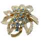 vintage gold grayish white baby blue rhinestones Leaf BROOCH floral jewelry pin