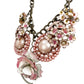 vintage pink earrings & brooches NECKLACE flowers rhinestones faux pearls