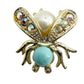 vintage aqua cabochon rhinestones gold Fly Bug BROOCH insect costume jewelry pin