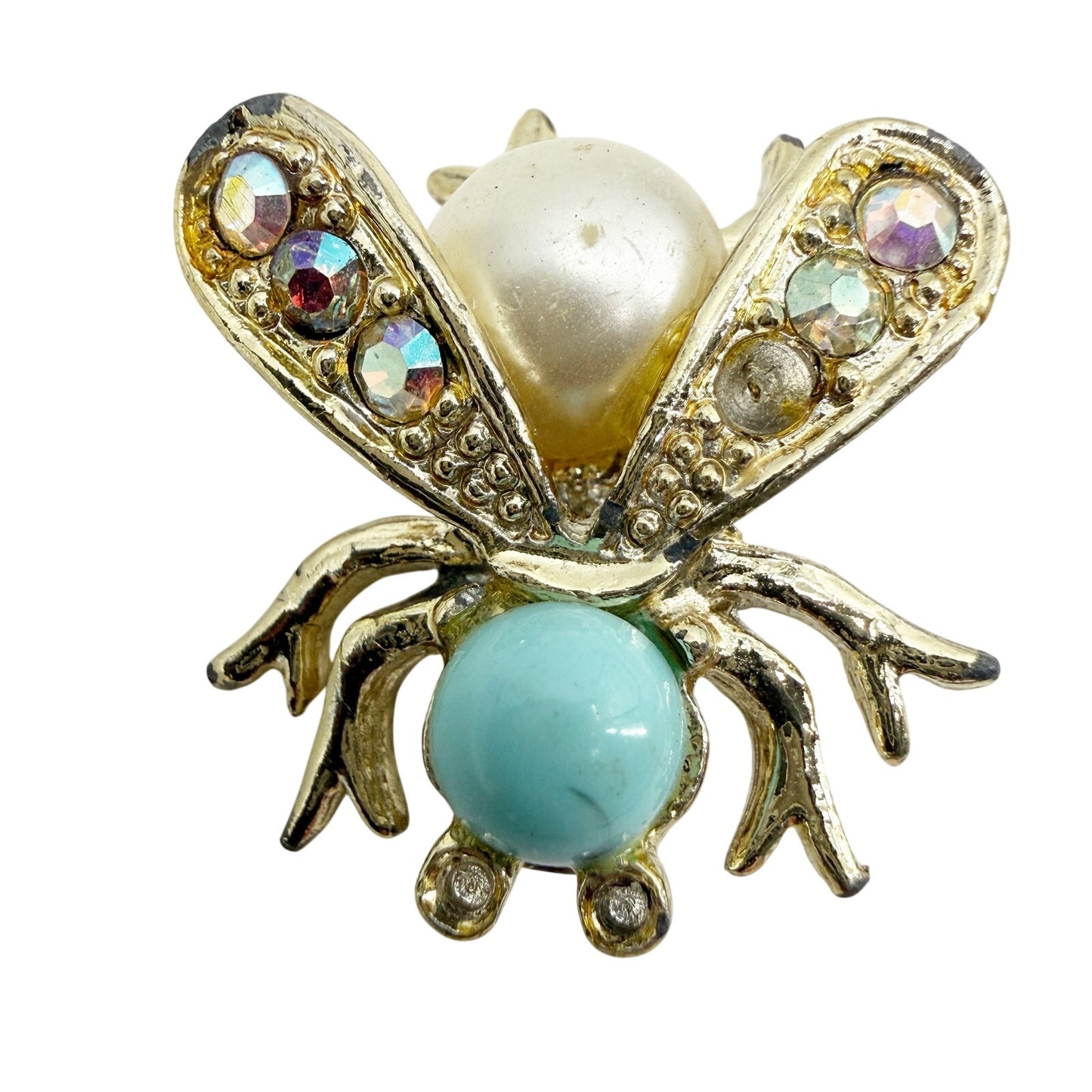vintage aqua cabochon rhinestones gold Fly Bug BROOCH insect costume jewelry pin