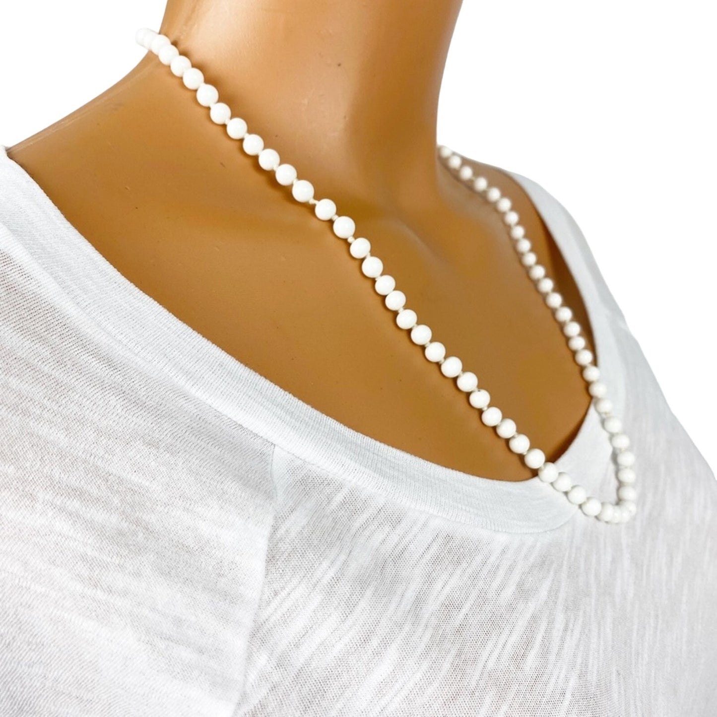 vintage LES BERNARD hand-knotted 23" milky white bead NECKLACE costume jewelry
