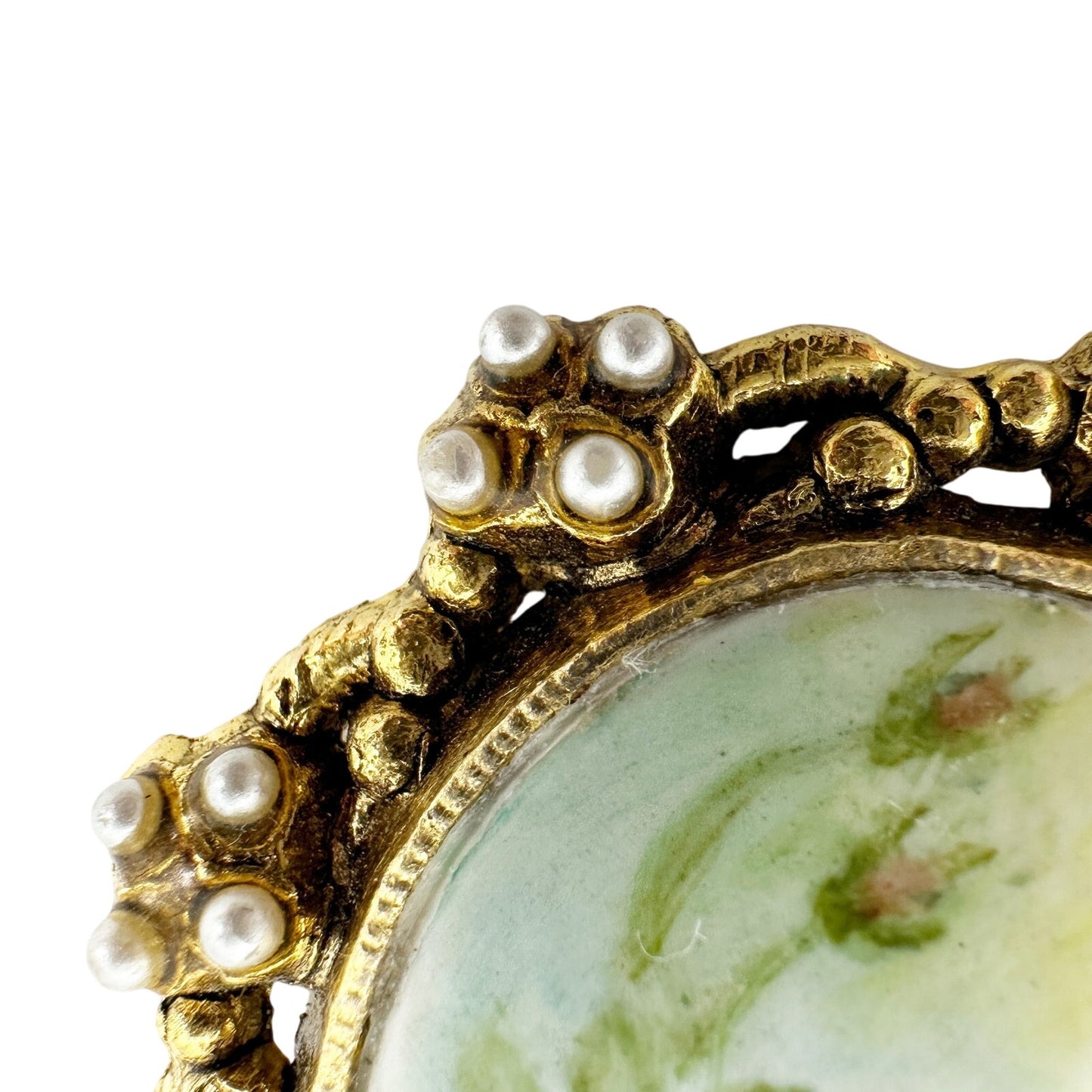 vintage gold painted flower cameo faux pearls BROOCH pendant floral jewelry pin