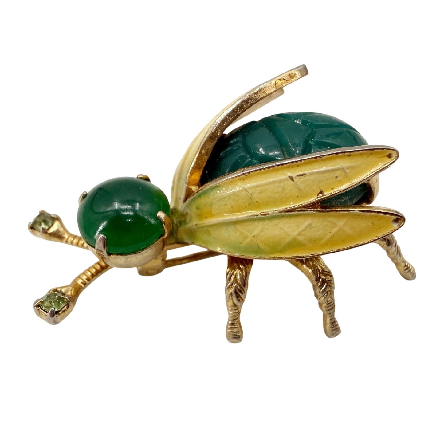 vintage Warner green & gold Bug BROOCH insect costume jewelry pin rhinestones