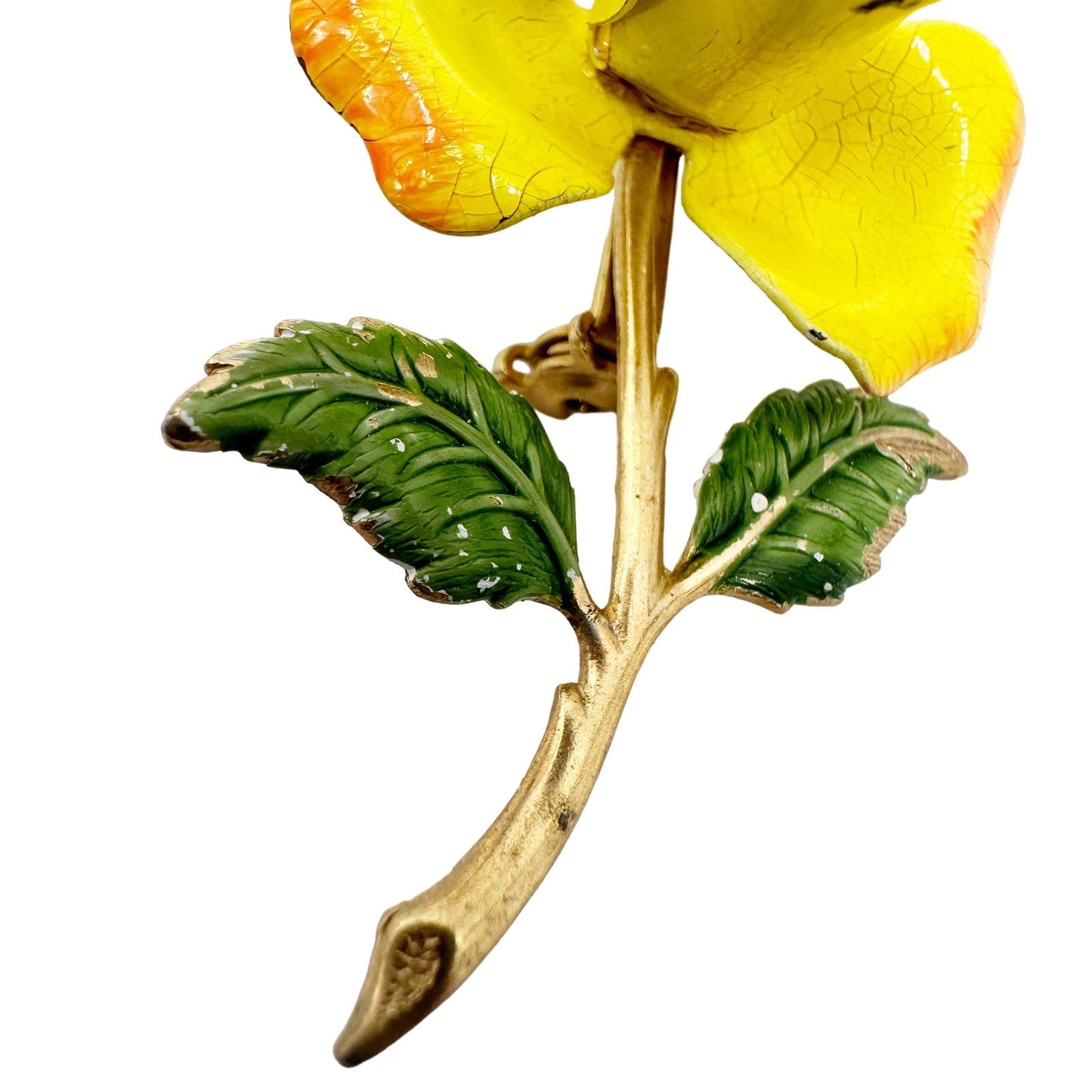 vintage enamel yellow metal flower BROOCH floral jewelry pin stem leaves