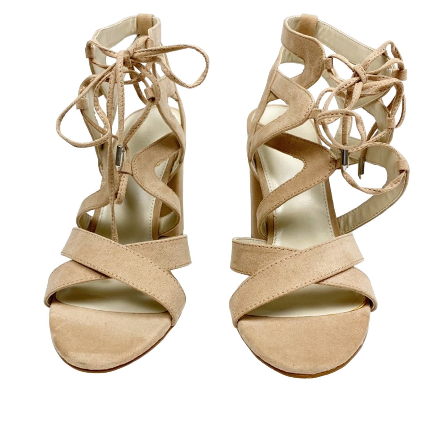 David's Bridal nude Faux Suede Lace-Up Sandals APARIS1 shoes block heels size 9