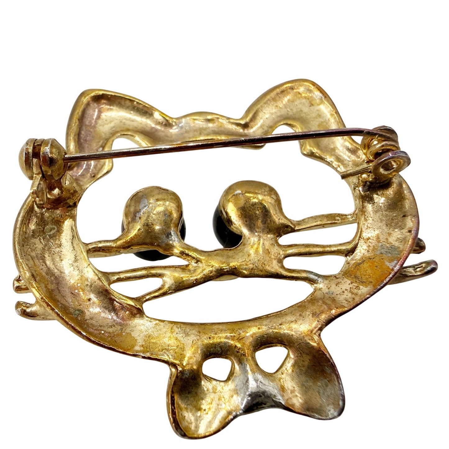 vintage gold & black kitty cat face head BROOCH jewelry pin bow tie bead eyes