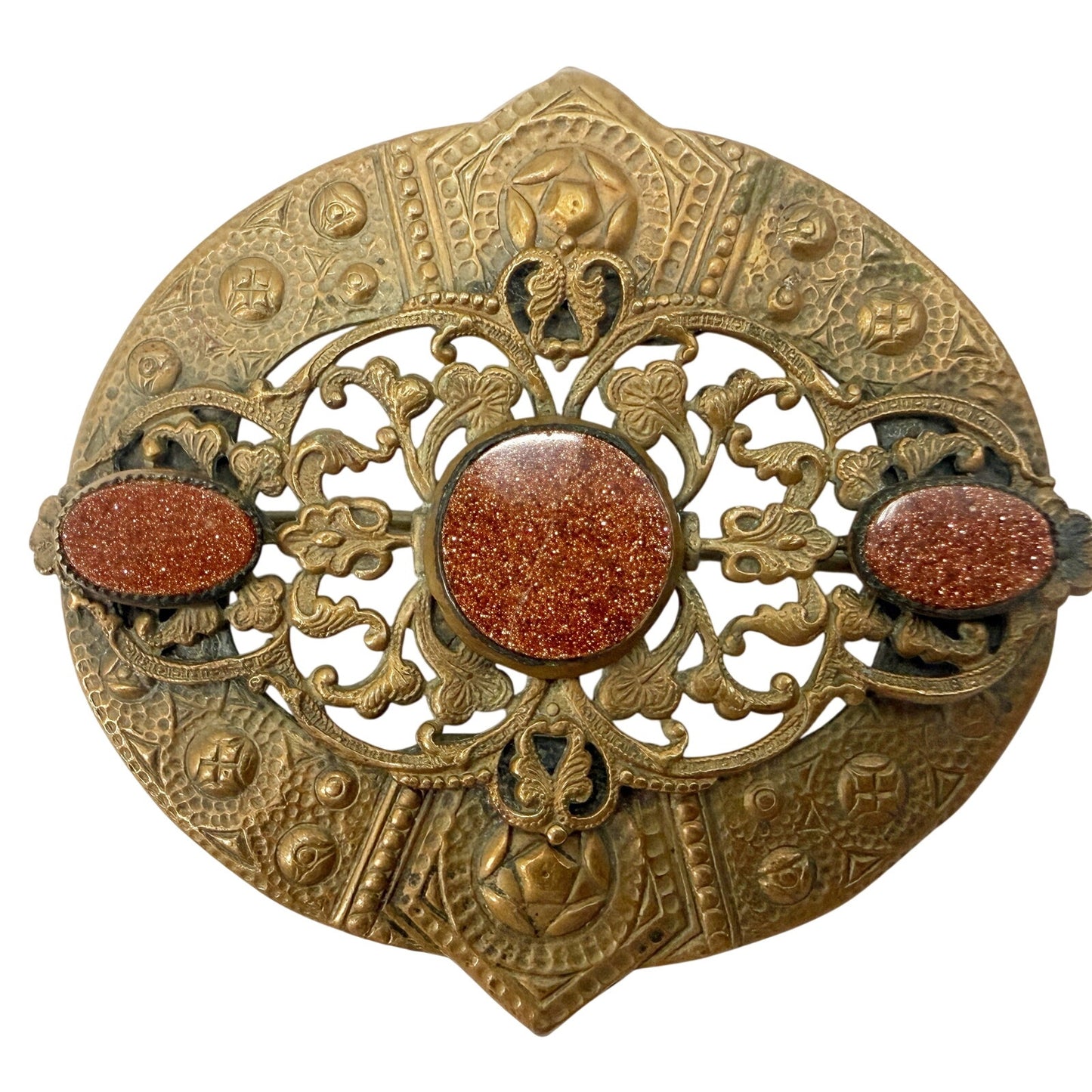 vintage brass metal shield medallion BROOCH dark orange goldstone jewelry pin