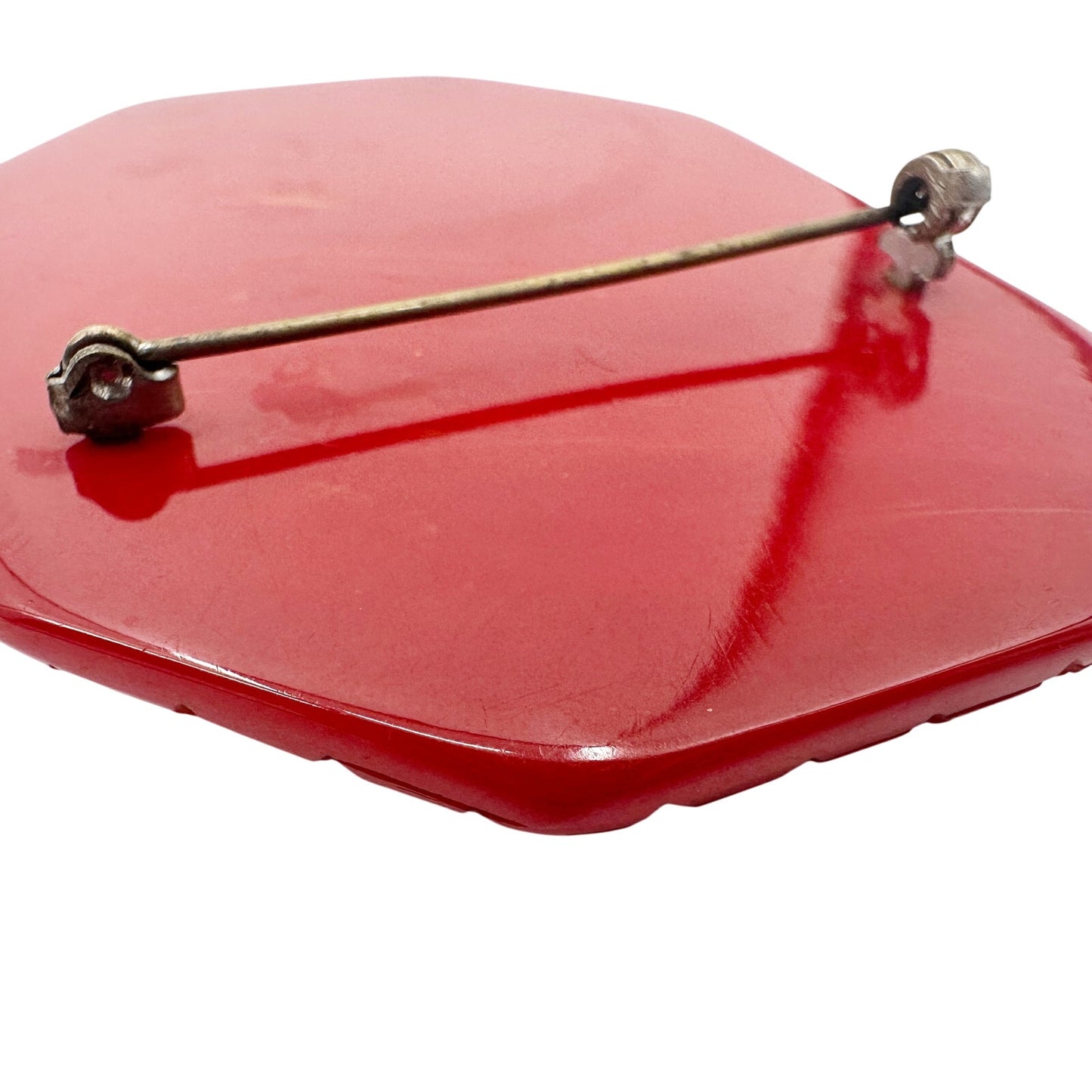 vintage red celluloid flower ceramic center octagon BROOCH floral jewelry pin