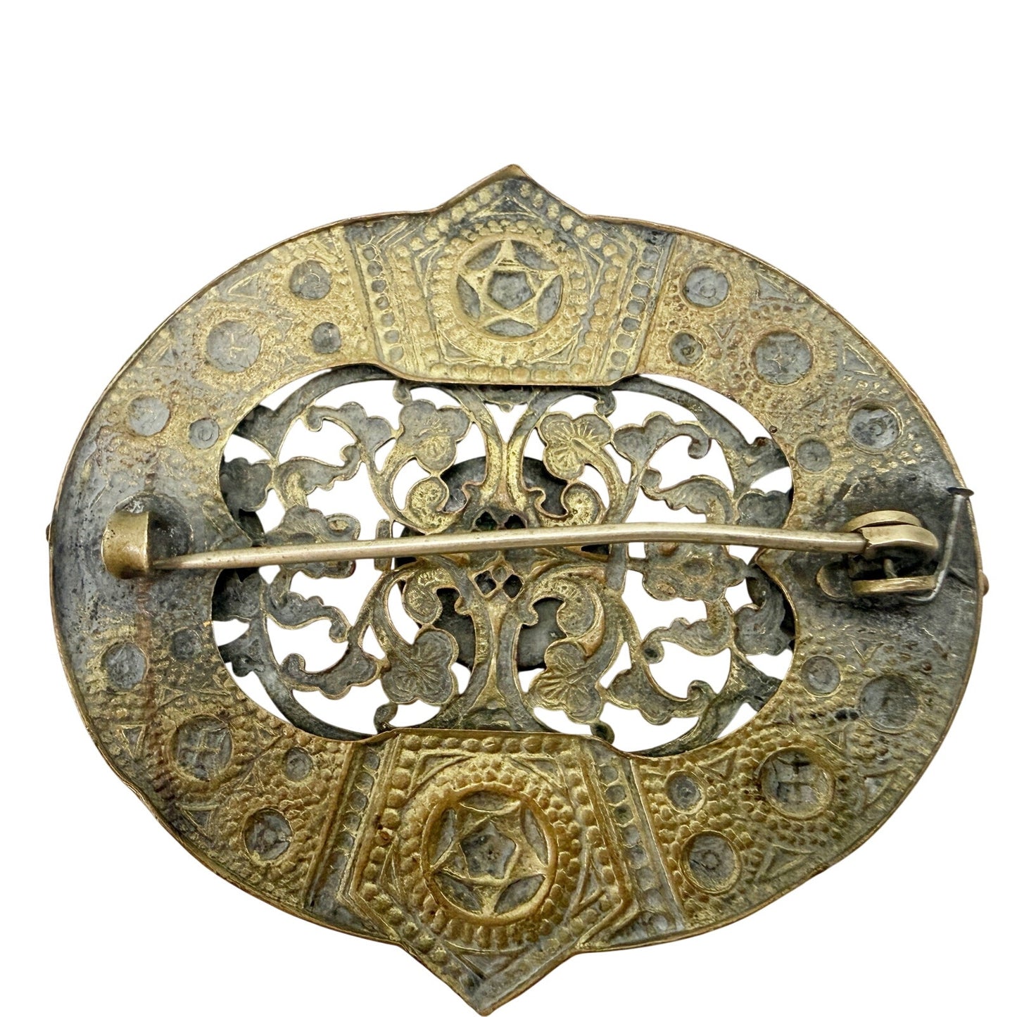vintage brass metal shield medallion BROOCH dark orange goldstone jewelry pin