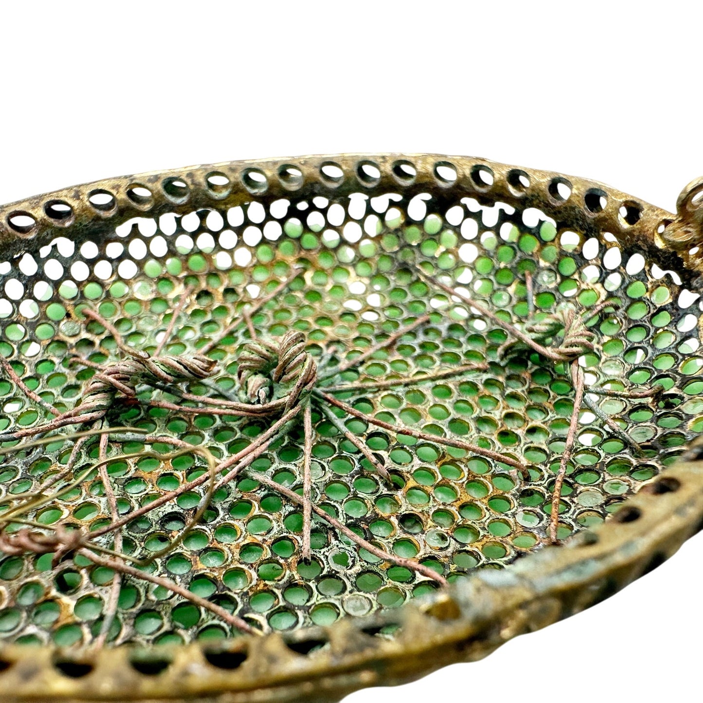 vintage small green flowers on oval metal BROOCH floral jewelry *missing pin*