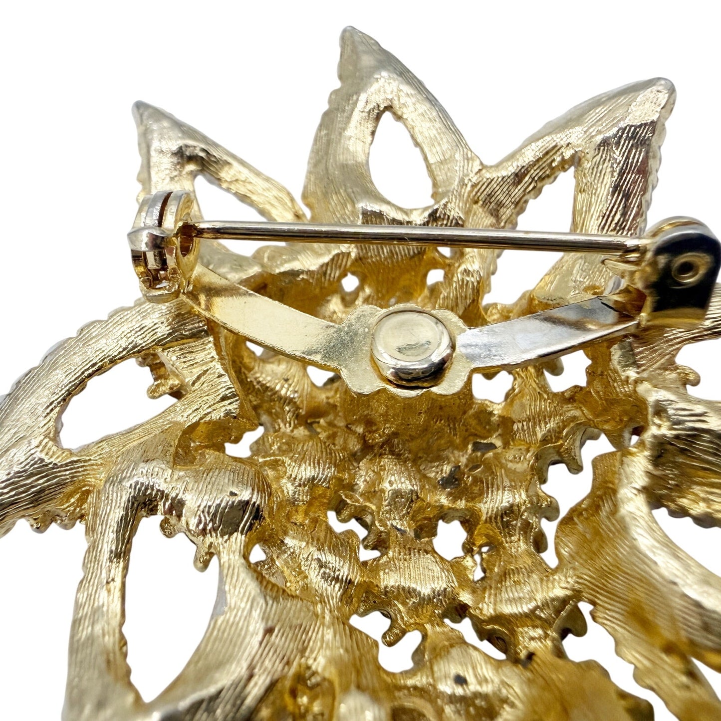 vintage gold grayish white baby blue rhinestones Leaf BROOCH floral jewelry pin