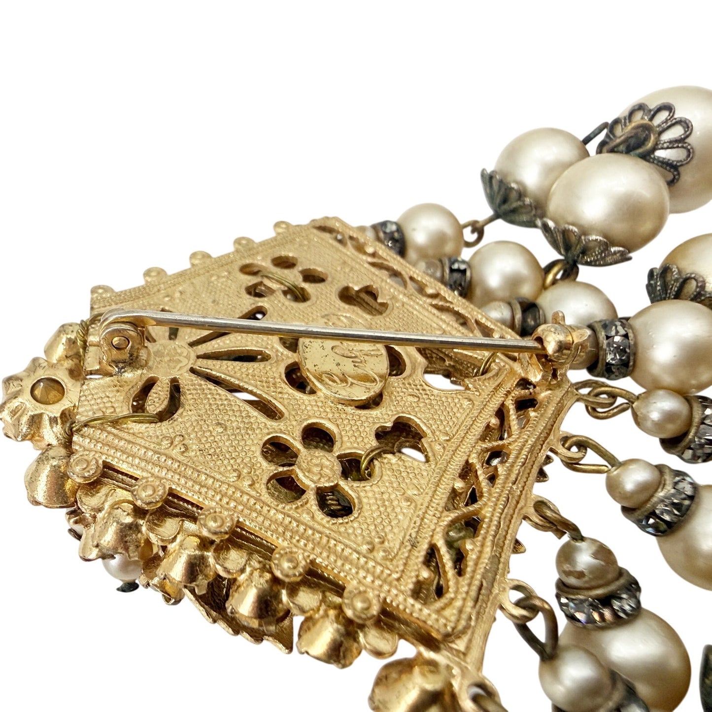 vintage Eugene gold & cascading faux pearls BROOCH floral costume jewelry pin
