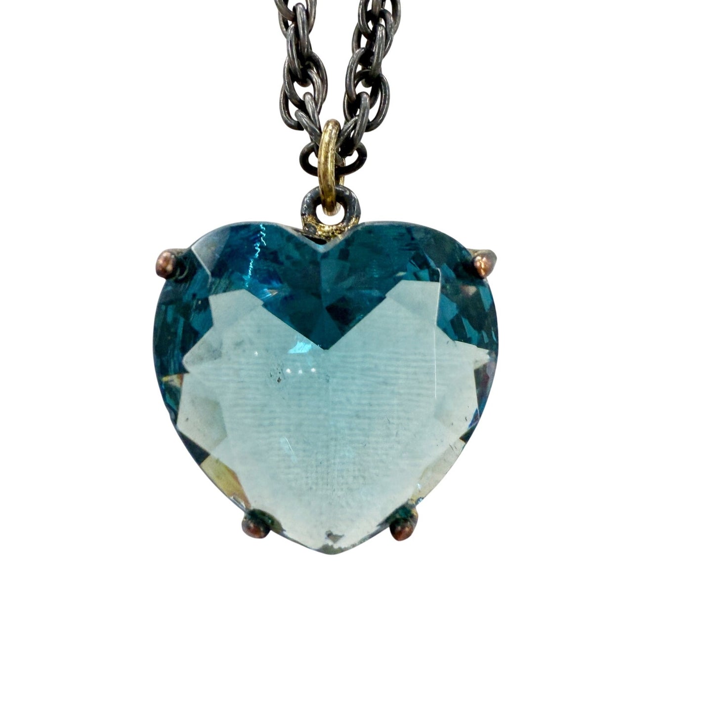 vintage dark metal chain link Necklace blue Heart Rhinestone Pendant jewelry