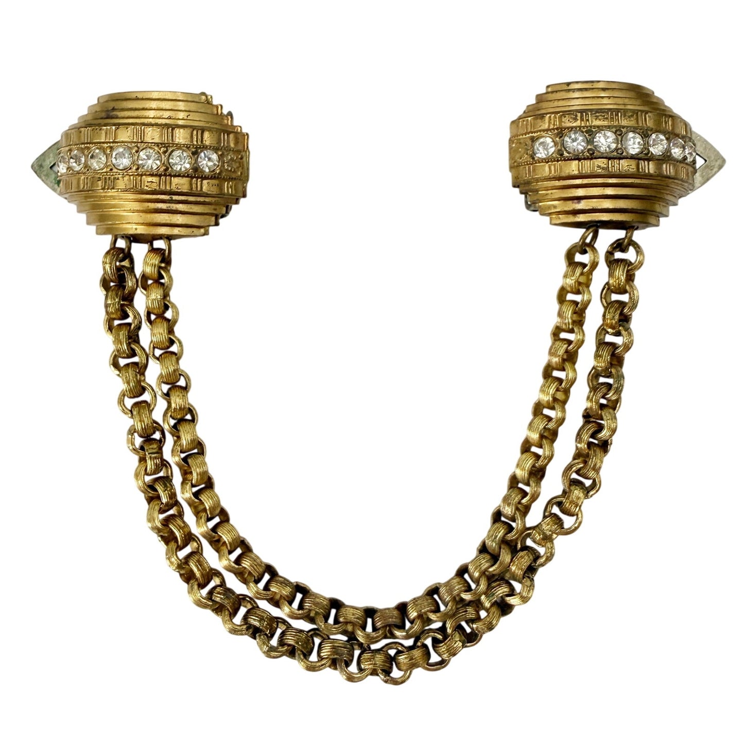 vintage gold clear rhinestones Double Dress Clip drape chain BROOCH jewelry pin