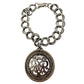 vintage double curb link chain Charm Bracelet silver tone metal large medallion