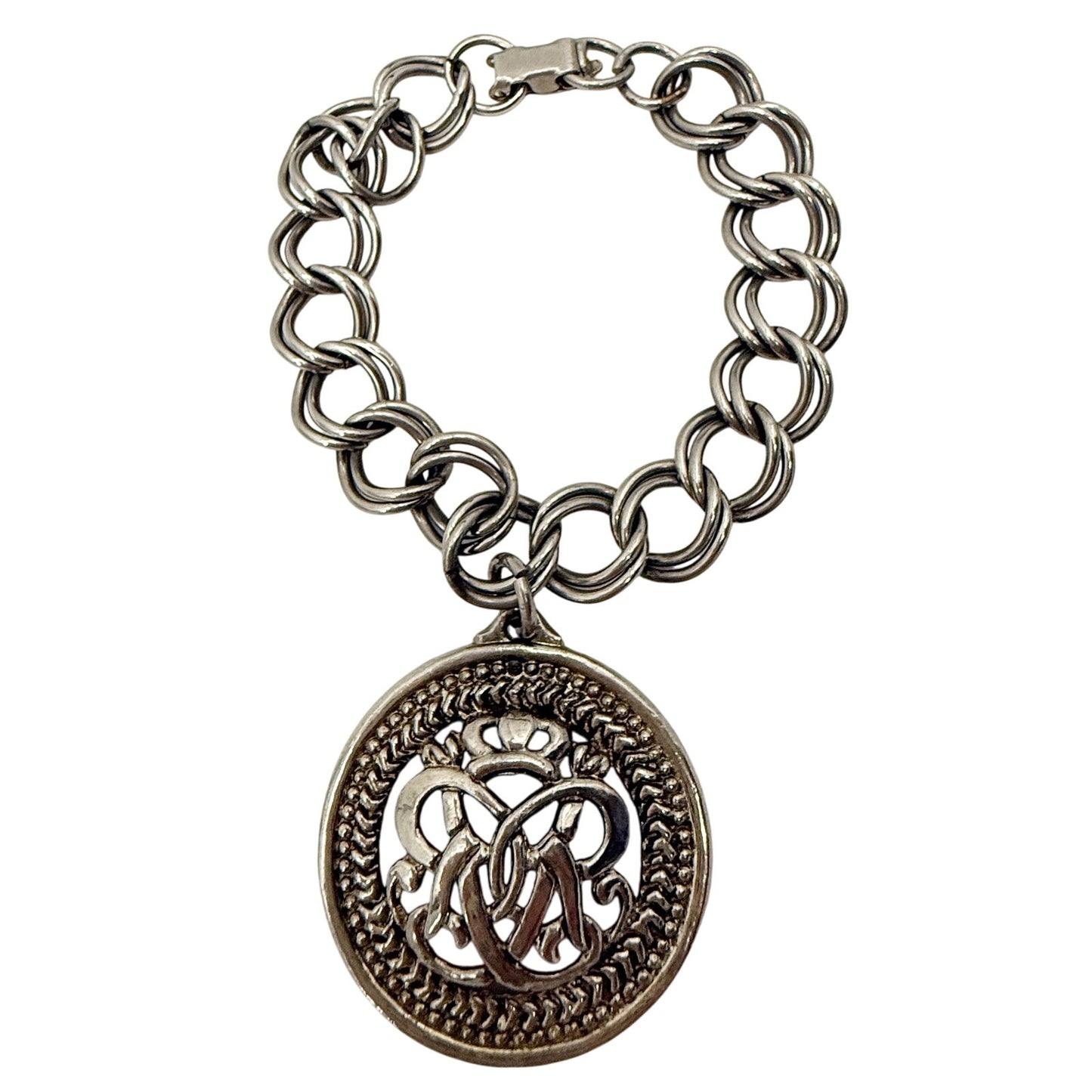 vintage double curb link chain Charm Bracelet silver tone metal large medallion