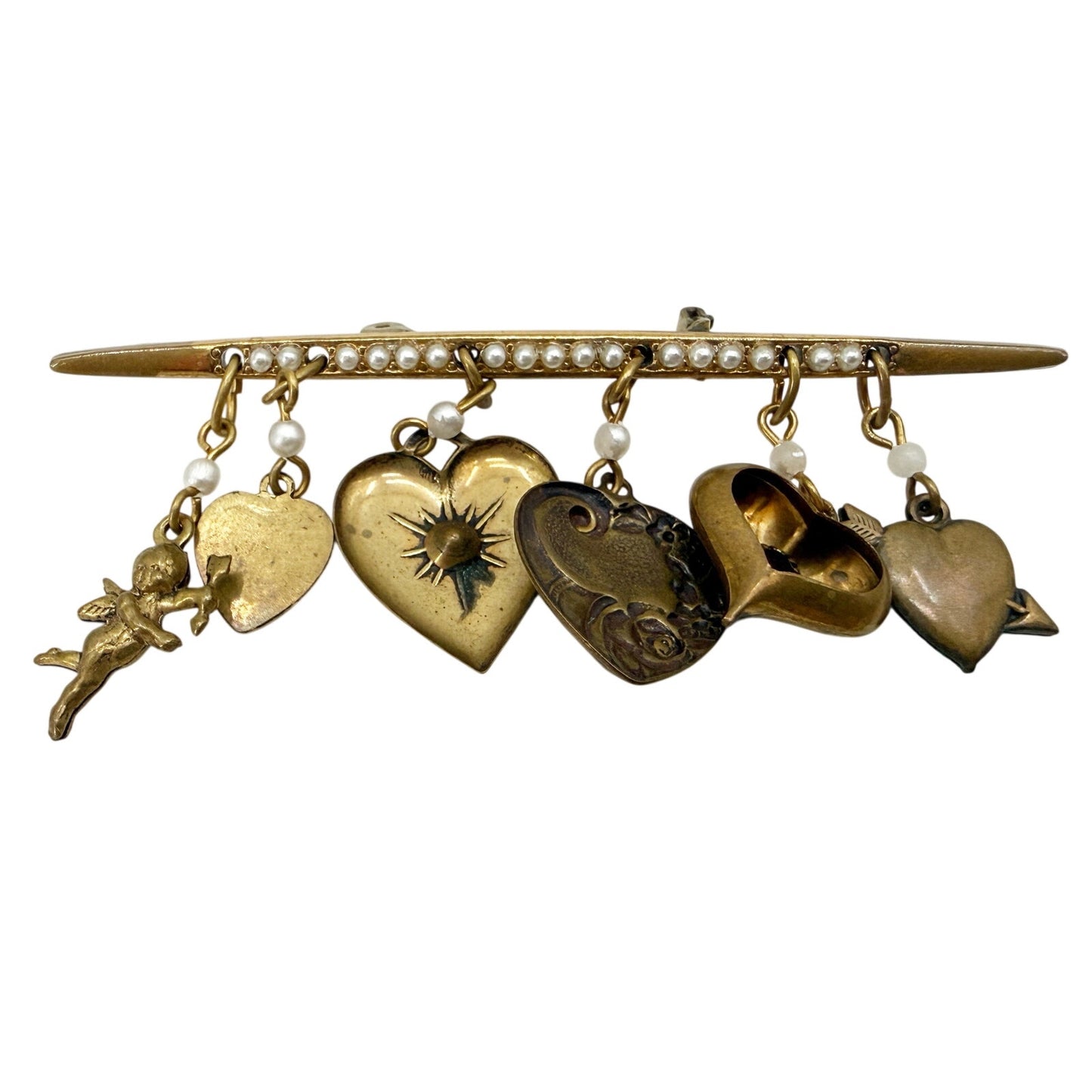 vintage antique gold & faux pearls Bar BROOCH hearts cupid jewelry pin