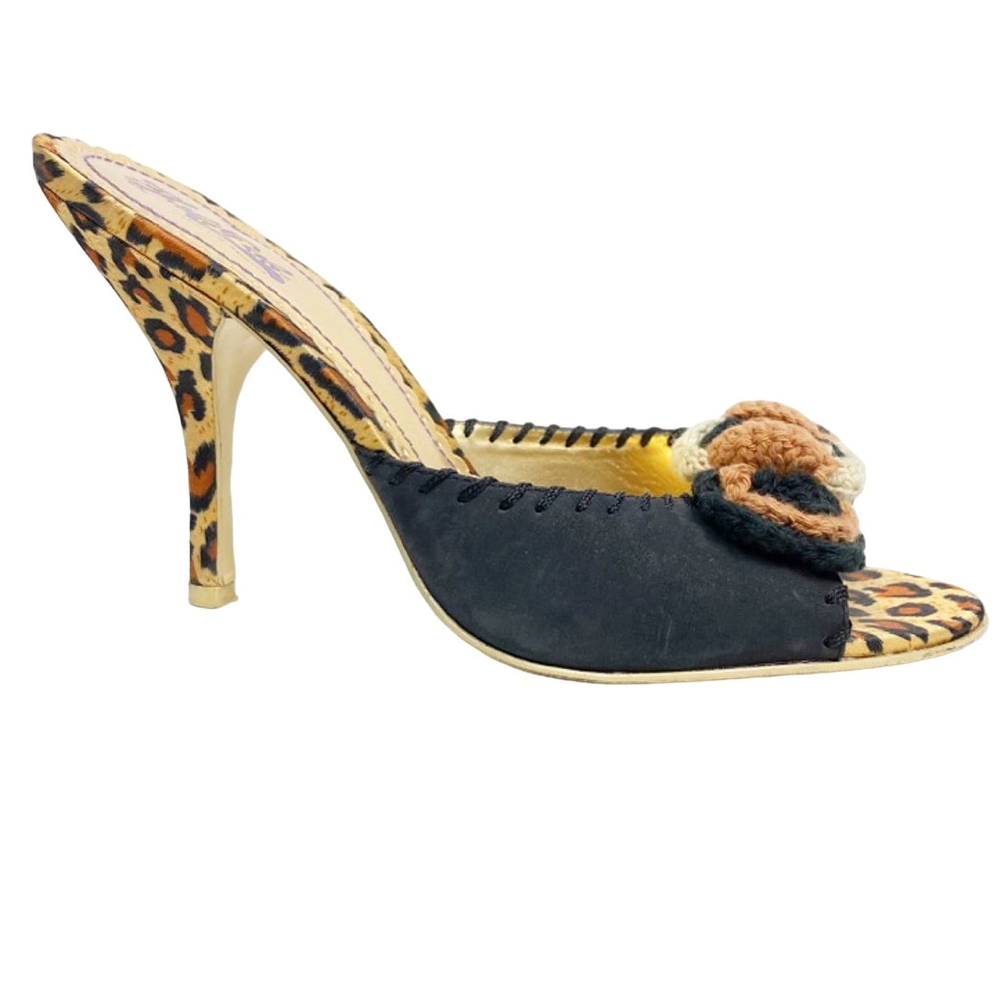 Hale Bob floral & leopard HEELS black brown crochet knit flowers size 7 M shoes