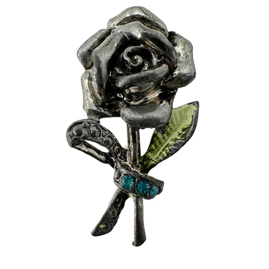 vintage silver metal turquoise rhinestones rose flower BROOCH floral jewelry pin