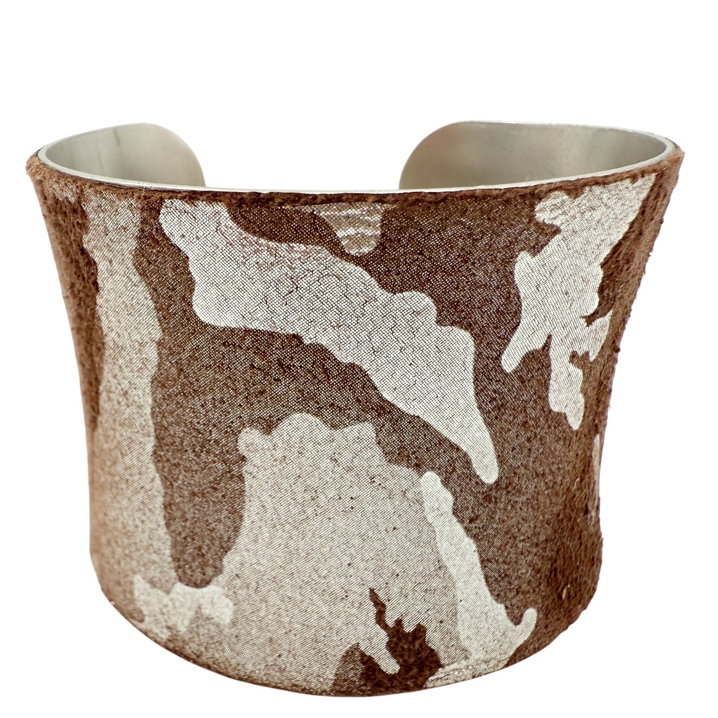 AV Max brown & silver leather wrapped Concave Cuff Bracelet camo jewelry NY