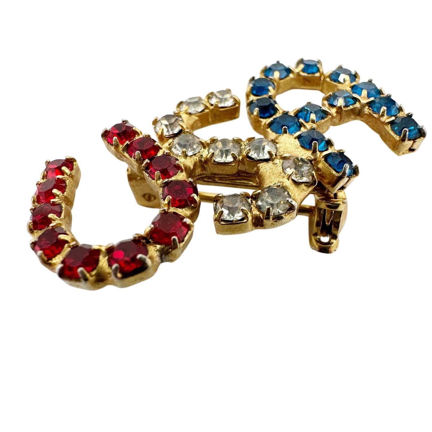 vintage America USA rhinestone BROOCH patriotic jewelry pin red blue gold