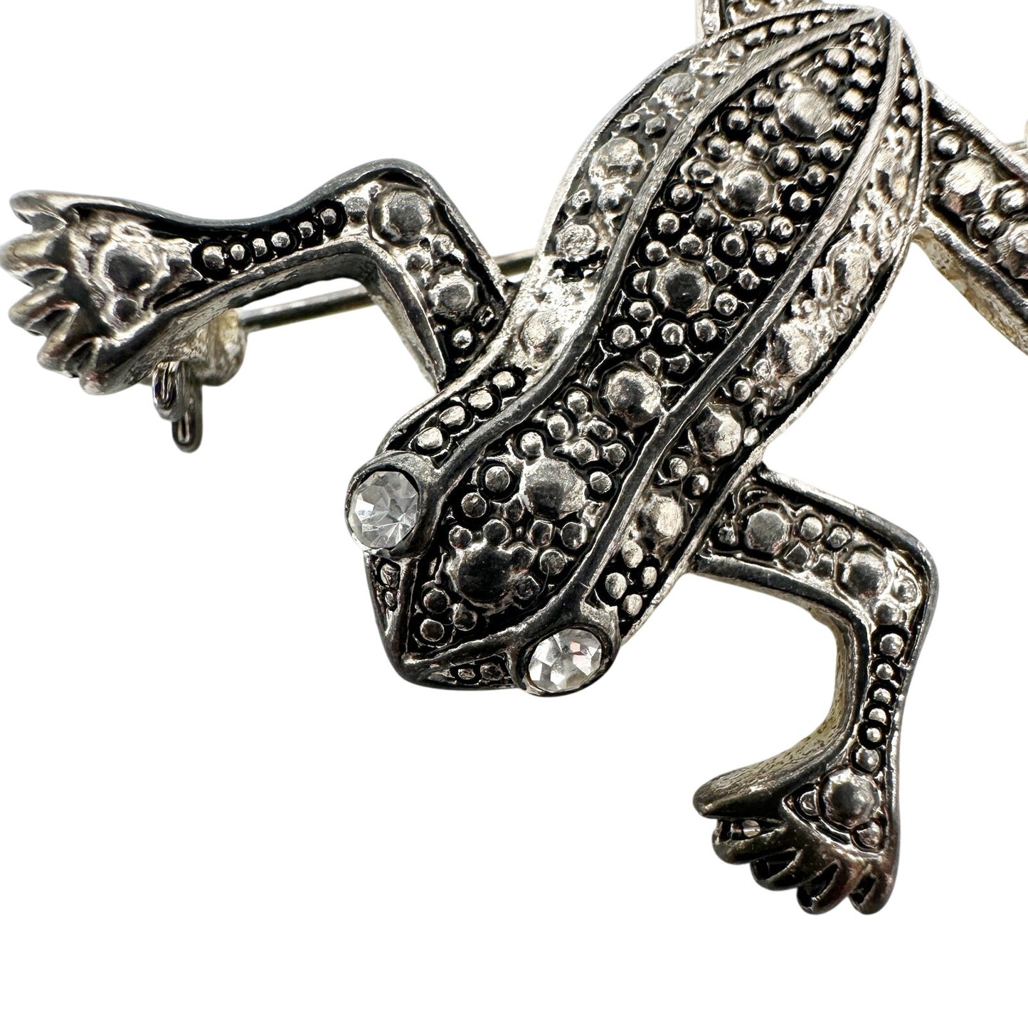 vintage silver tone metal Frog clear rhinestone eyes BROOCH jewelry pin