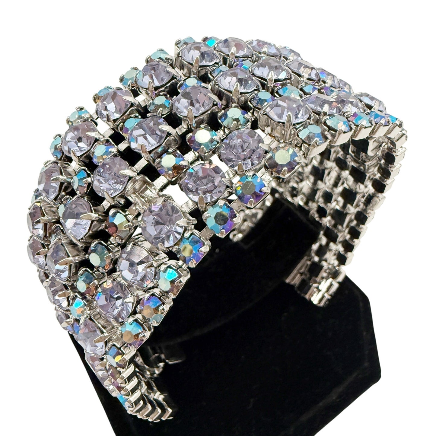 vintage 1.5" wide Rhinestone Bracelet blue iridescent stones women's jewely