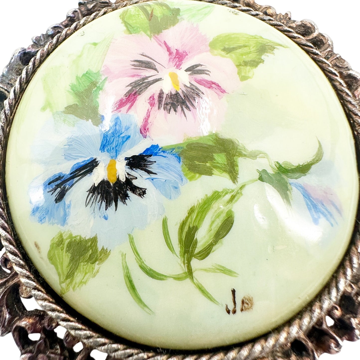 vintage pink blue pansy flowers metal cameo BROOCH pendant floral jewelry pin