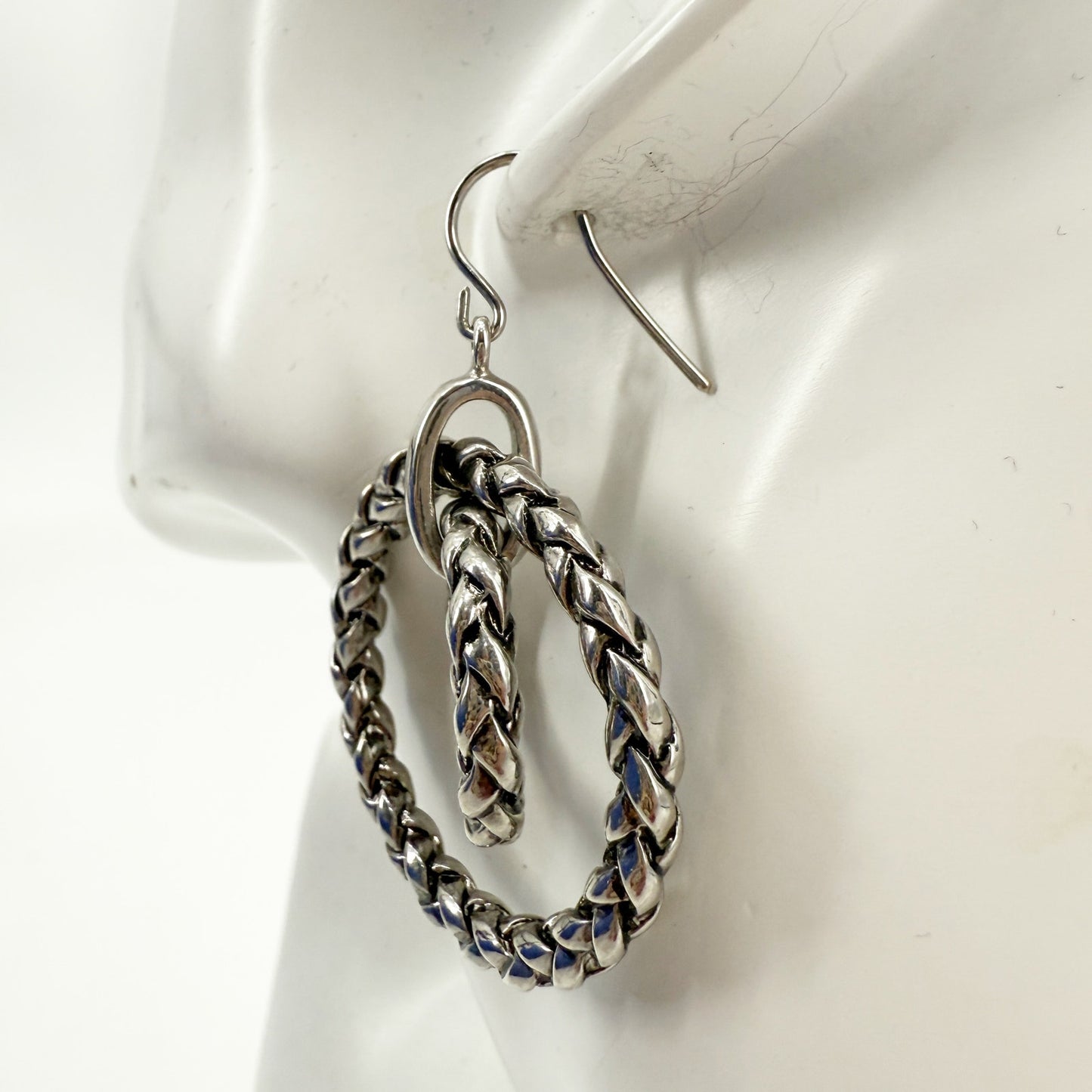 Ralph Lauren RLL silver metal Double Hoop Earrings woven braid rope texture