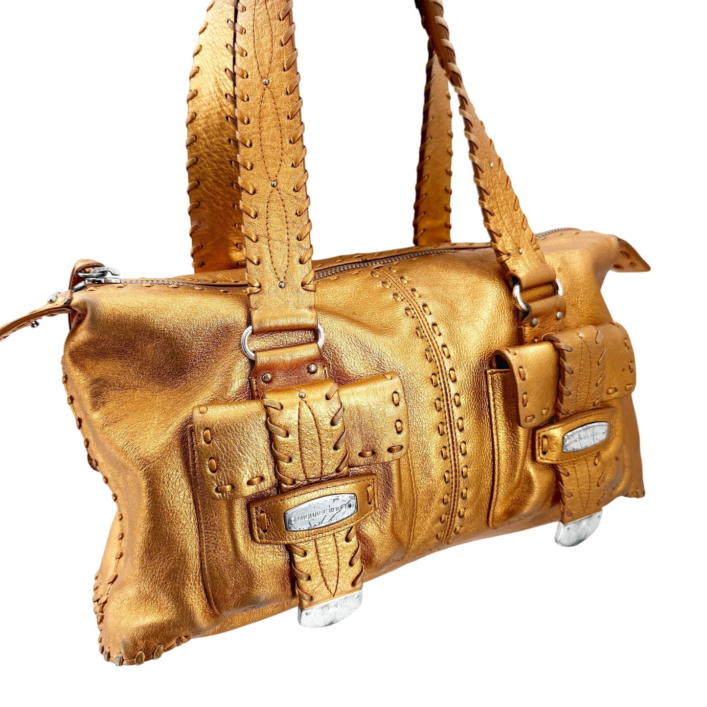 Michael Kors metallic orange leather whipstitch HANDBAG bag top handle purse