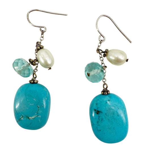 handmade blue white & silver beaded drop EARRINGS jewelry NEW vintage beads