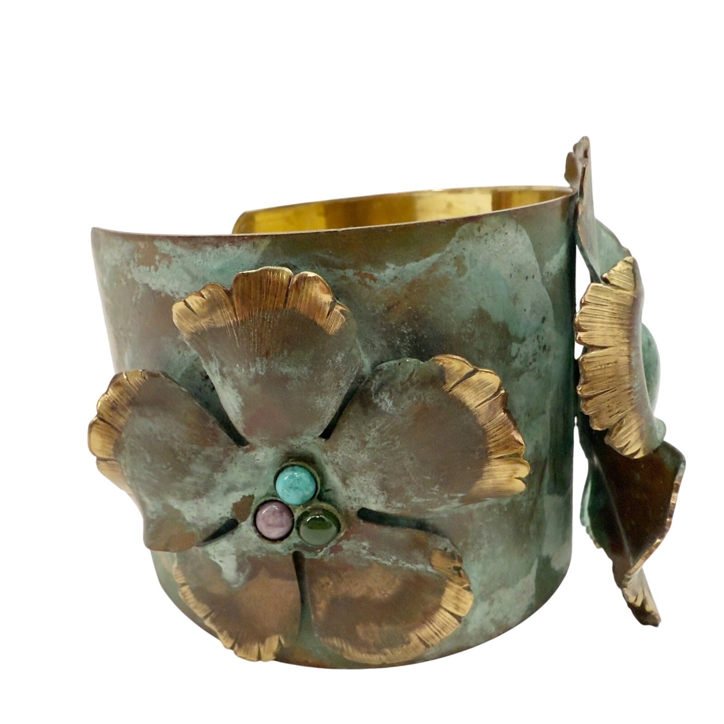 Verdigris Patina solid brass floral wide 2" Cuff Bracelet genuine stones jewelry