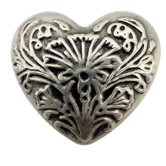 vintage puffy puff heart silver tone metal BROOCH etched floral jewelry pin