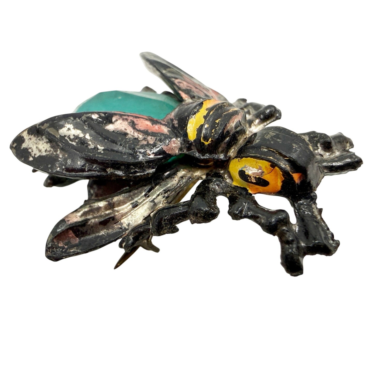 vintage black plastic Flying Insect turquoise stone BROOCH jewelry pin enamel