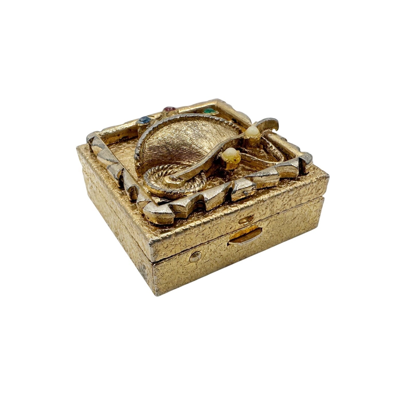 vintage gold tone metal Pill Box small size 1.5" square wheelbarrow & flowers