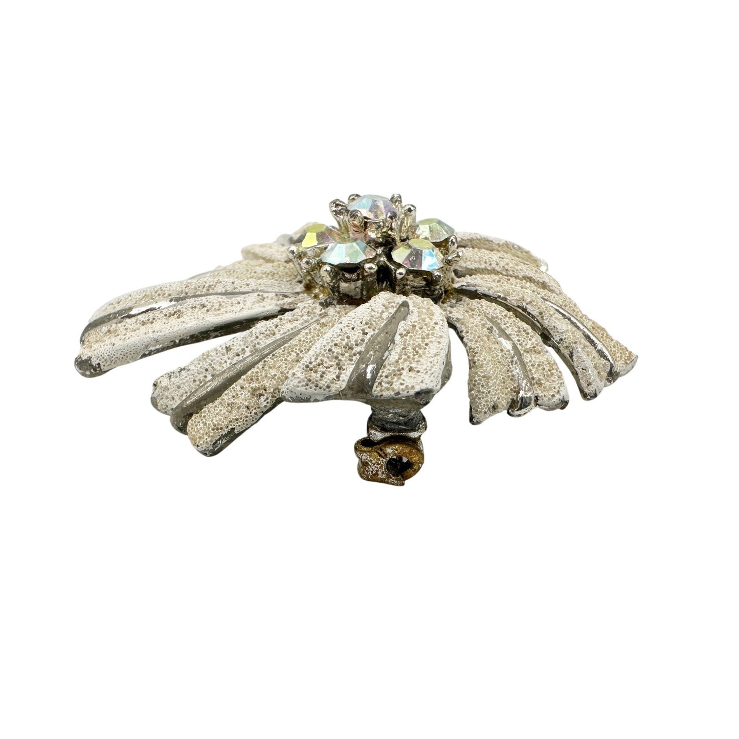 vintage silver & white rhinestones flower BROOCH floral pinwheel jewelry pin