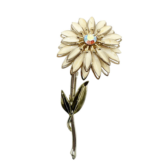 vintage Coro cream flower BROOCH gold tone metal floral jewelry pin rhinestones