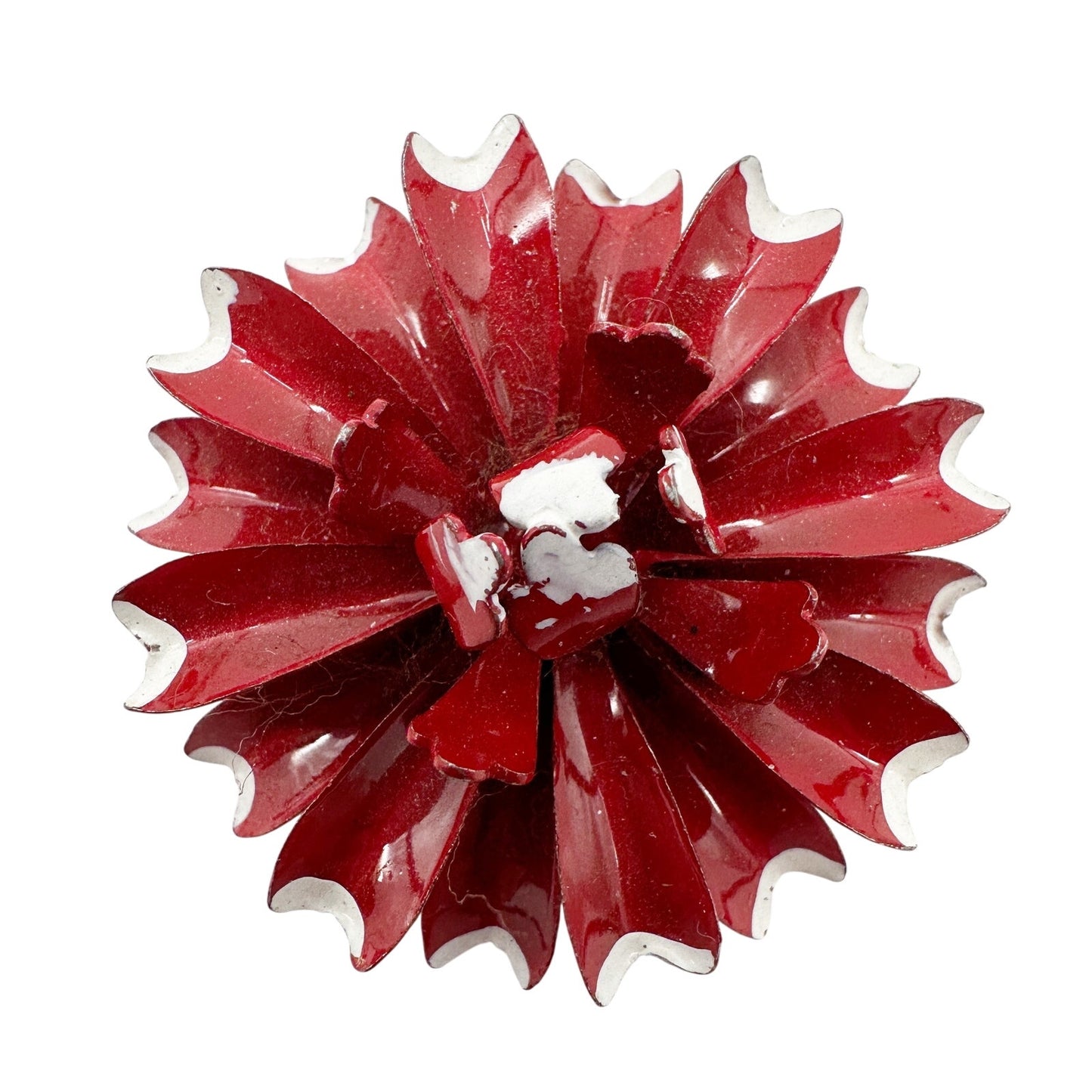vintage enamel red & white metal flower BROOCH floral jewelry pin
