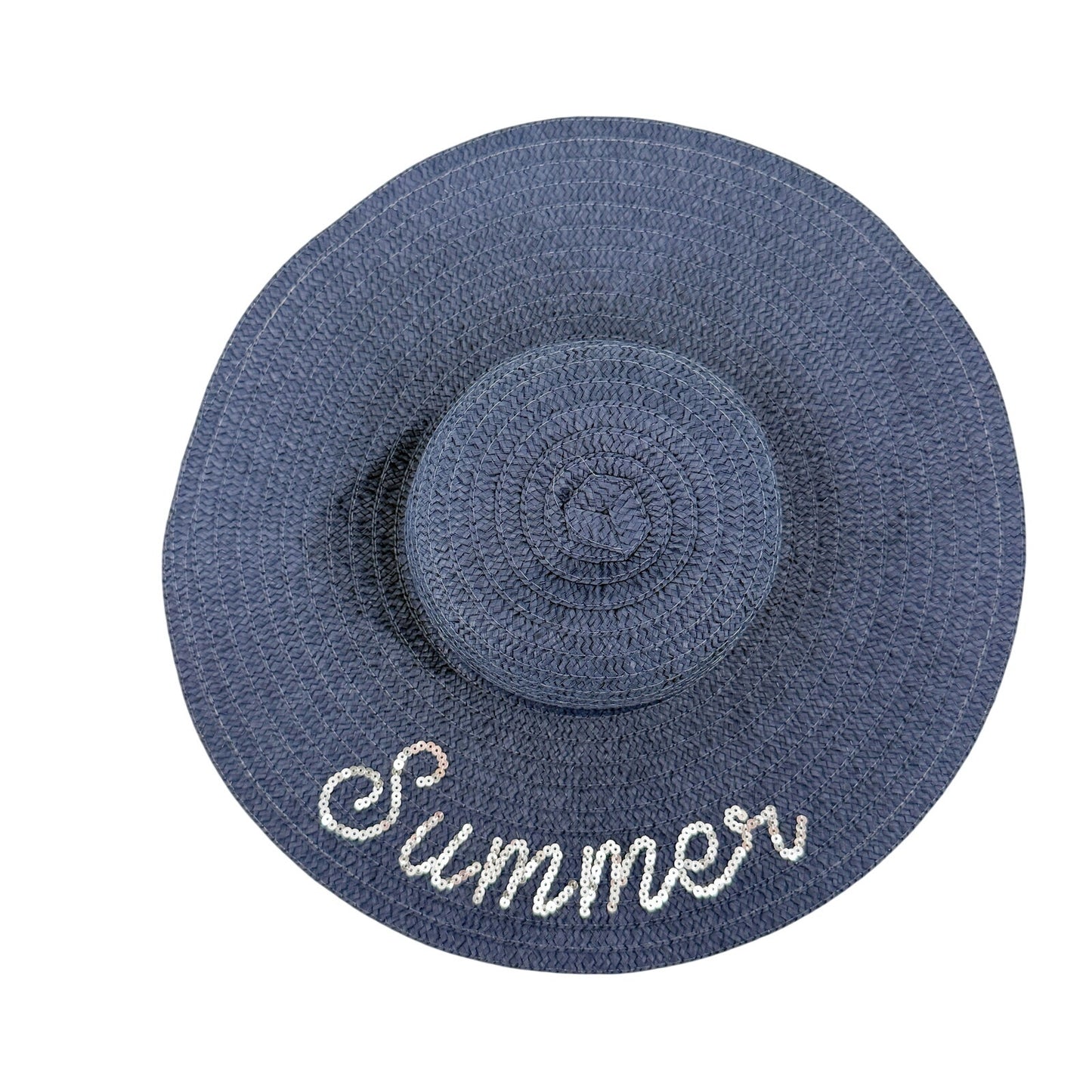 navy blue SUMMER silver sequins Floppy straw sun Hat beach shade coastal casual