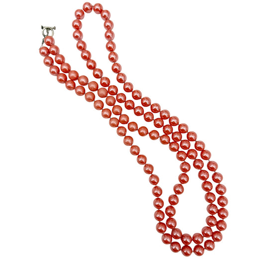 vintage shiny coral orange Beaded Necklace costume jewelry long strand of beads